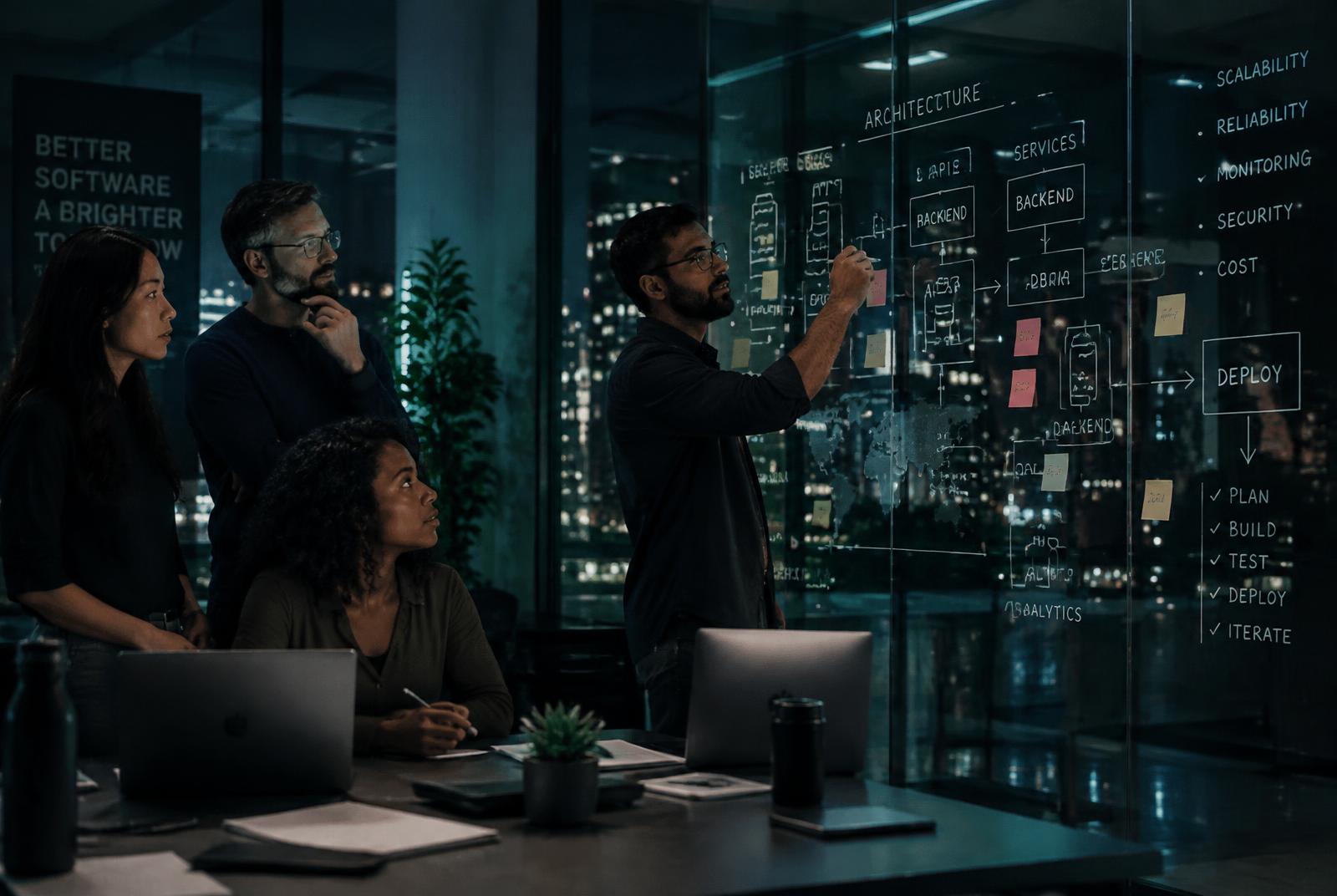 Mapsoft engineers mapping system architecture on a glass wall